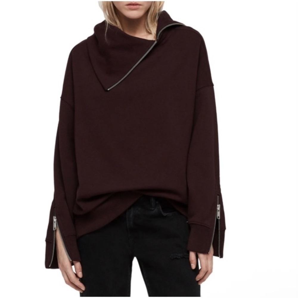 All Saints Bella Zipper Details Sweatshirt Pullover Burgundy Plum Color Size M